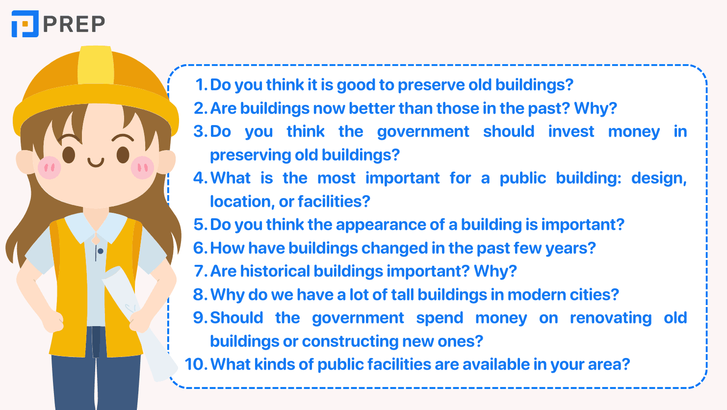 Các câu hỏi thuộc chủ đề IELTS Speaking Part 3 Buildings