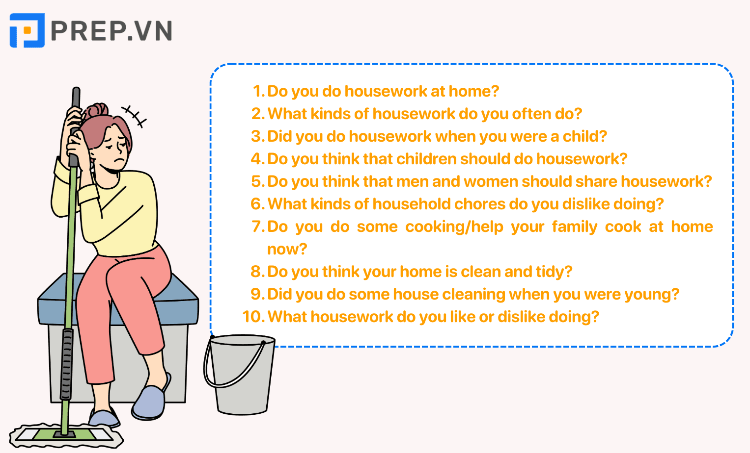Một số câu hỏi chủ đề Housework and Cooking IELTS Speaking Part 1