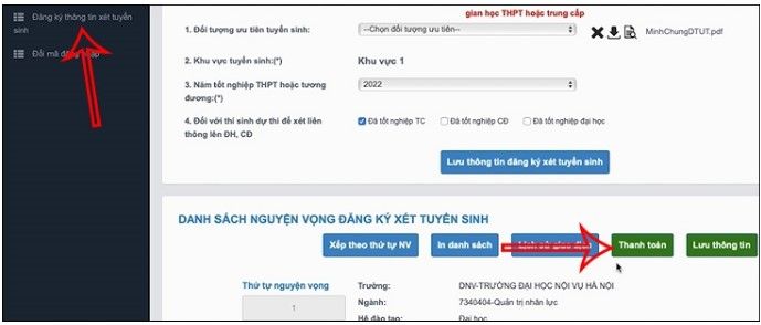 Nộp lệ phí xét tuyển đại học
