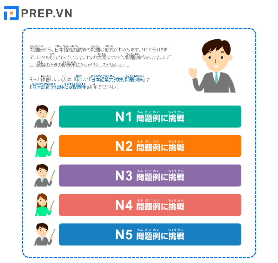 Chọn cấp độ N1 - N5 để thi thử JLPT Online 日本語能力試験公式ウェッブサイト