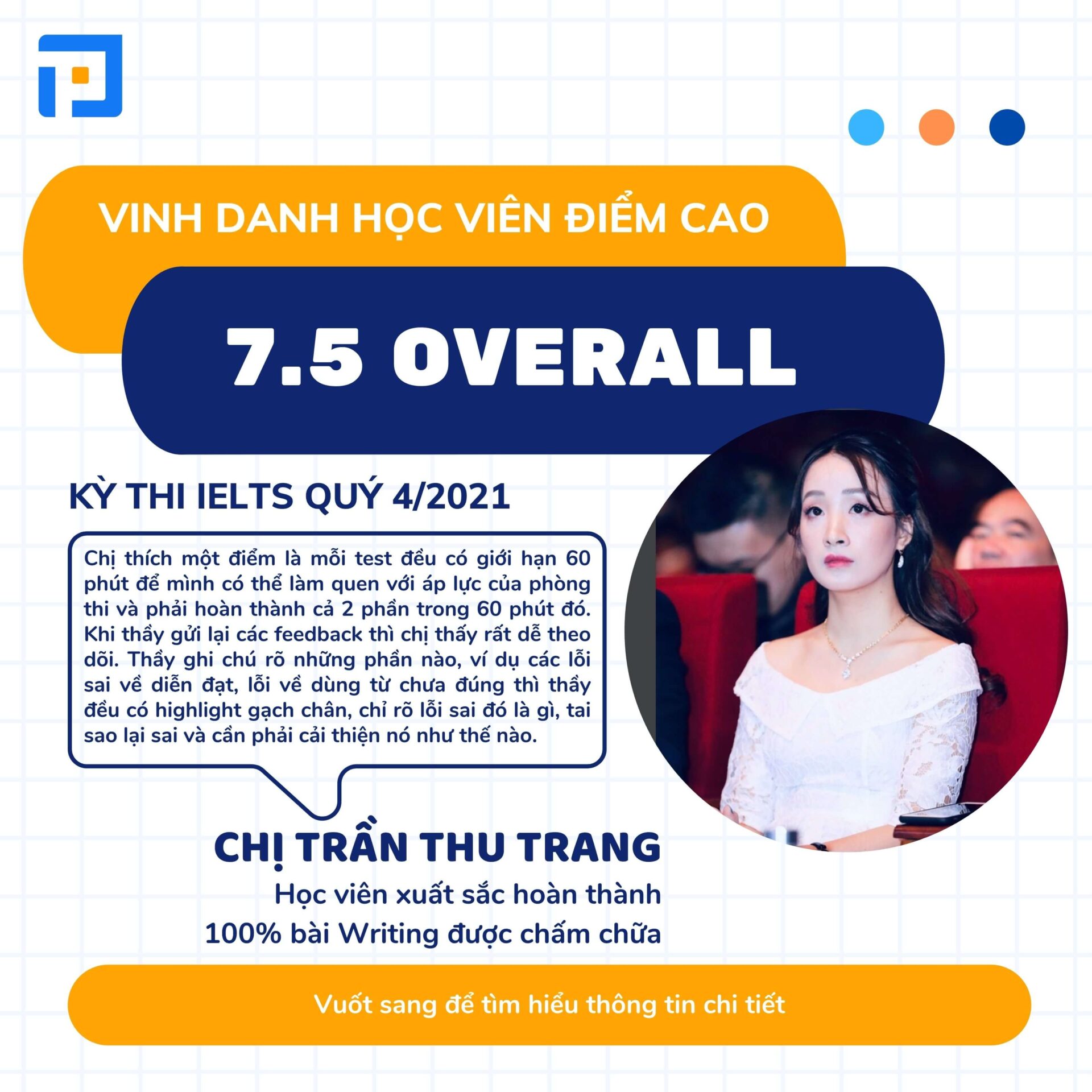 Trần Thu Trang, học viên chinh phục điểm số 7.5 Overall nhờ hoàn thành 100% bài chấm chữa Writing tại PREP